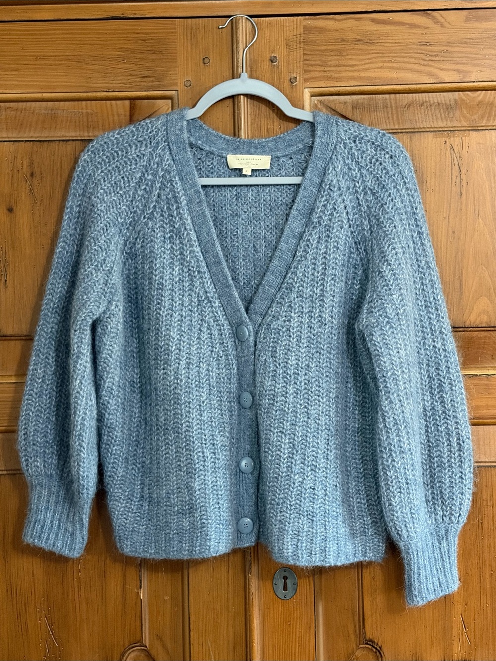 Sézane Chunky Heather Blue V-Neck Button Basile Cardigan Sweater